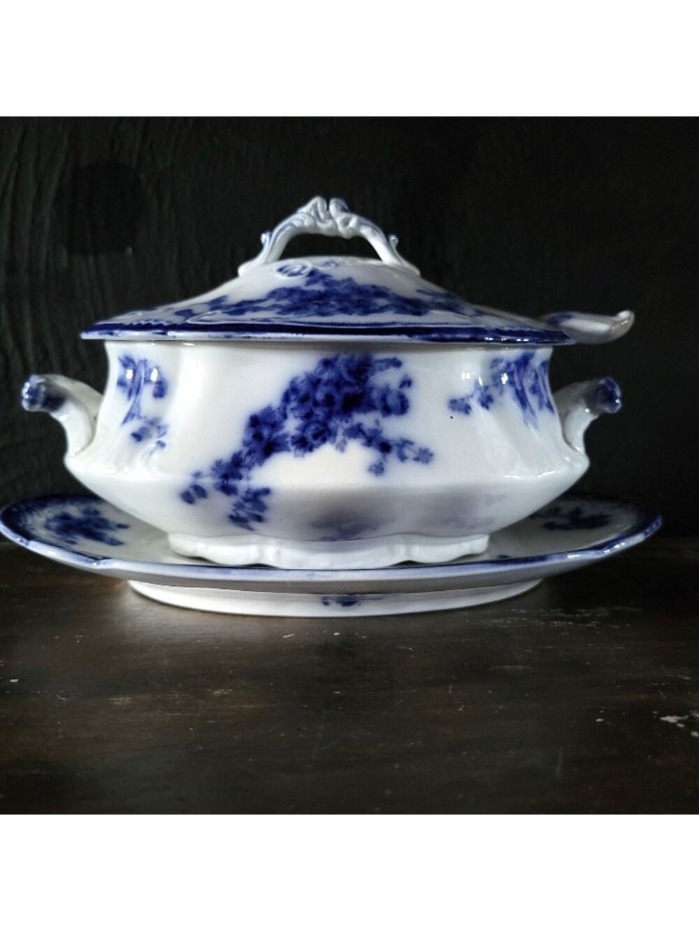 Antique W.H. Grindley Flow Blue Sauce Tureen With Ladle And Undertray c 1900